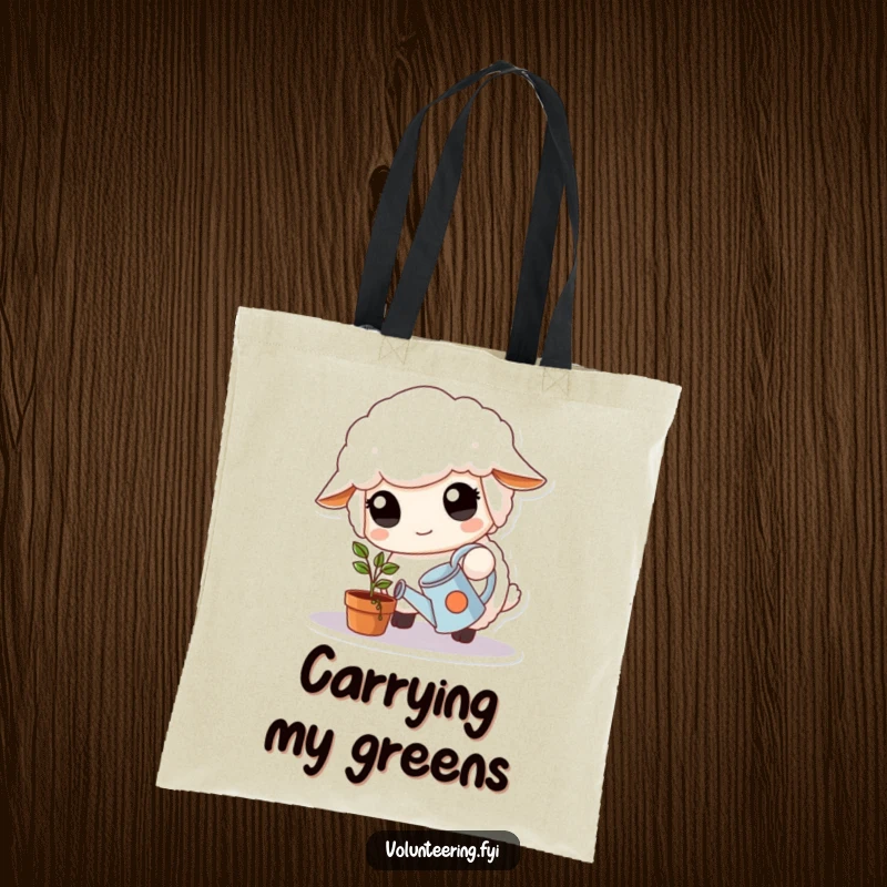 Funny Tote Bag: Fluffy white sheep with large, kind eyes carefully waters a small potted plant with a tiny watering can, carrying care.