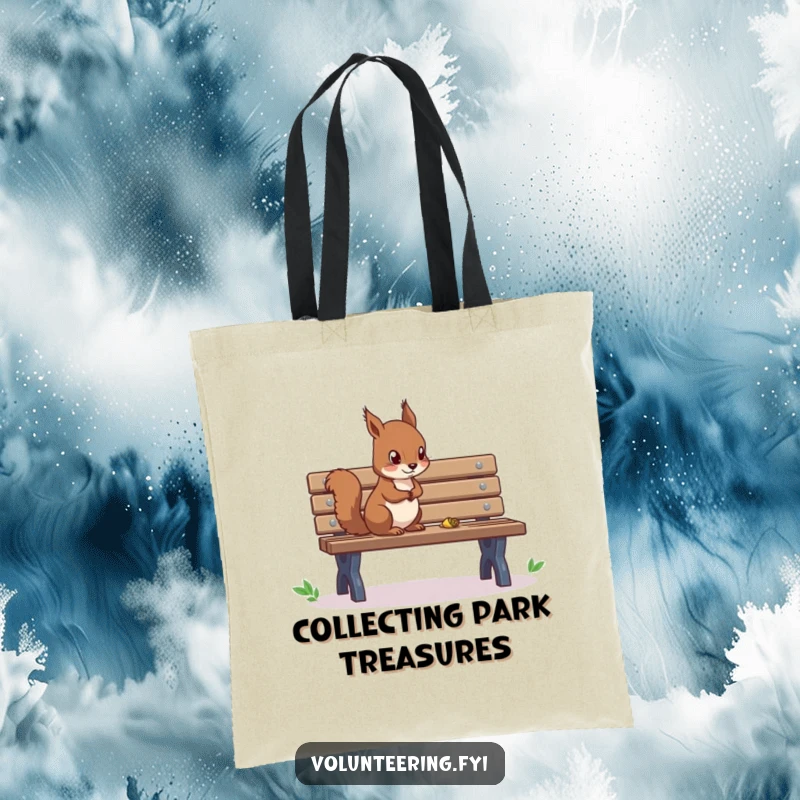Funny tote bag showing a focused squirrel cleaning a park bench, perfect for carrying groceries or daily items.