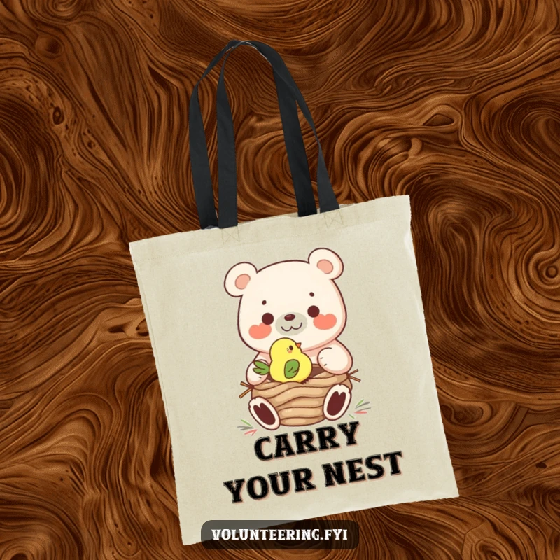 Funny Tote Bag: Depicting a cheerful bear helping a small bird build a nest, emphasizing teamwork and nature's beauty.