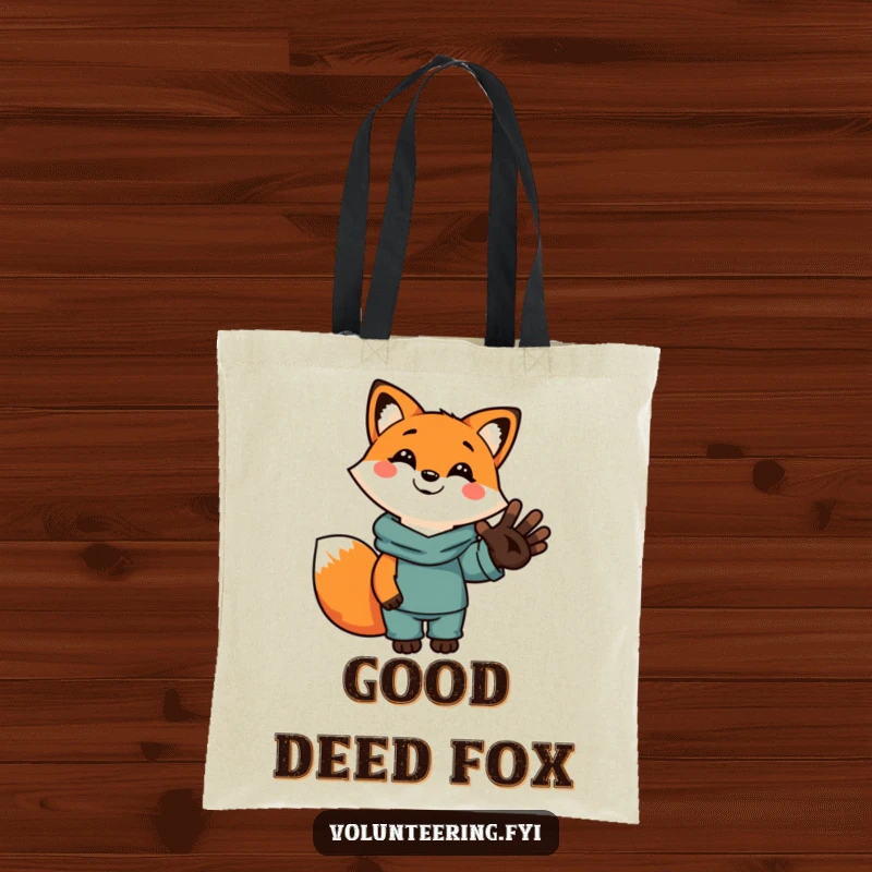 Funny cartoon fox tote bag, smiling and holding a human hand, showcasing kindness and a stylish accessory for daily use.