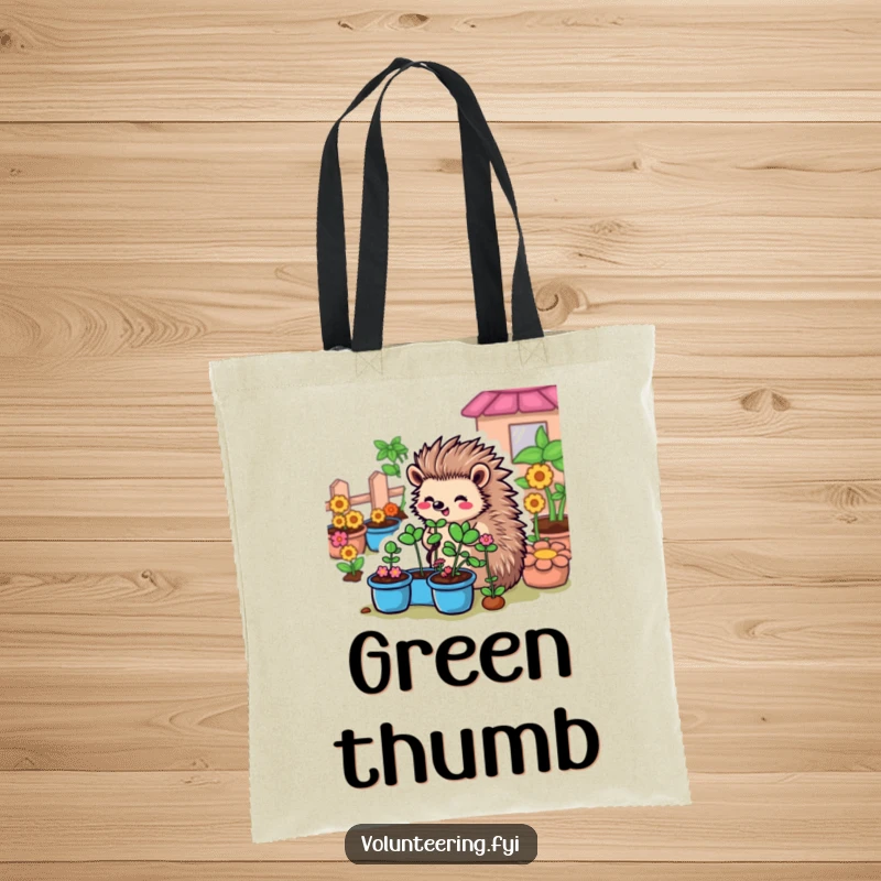 Funny Hedgehog Garden Tote Bag: A sweet cartoon hedgehog tending to plants in a community garden, perfect for carrying your gardening essentials.