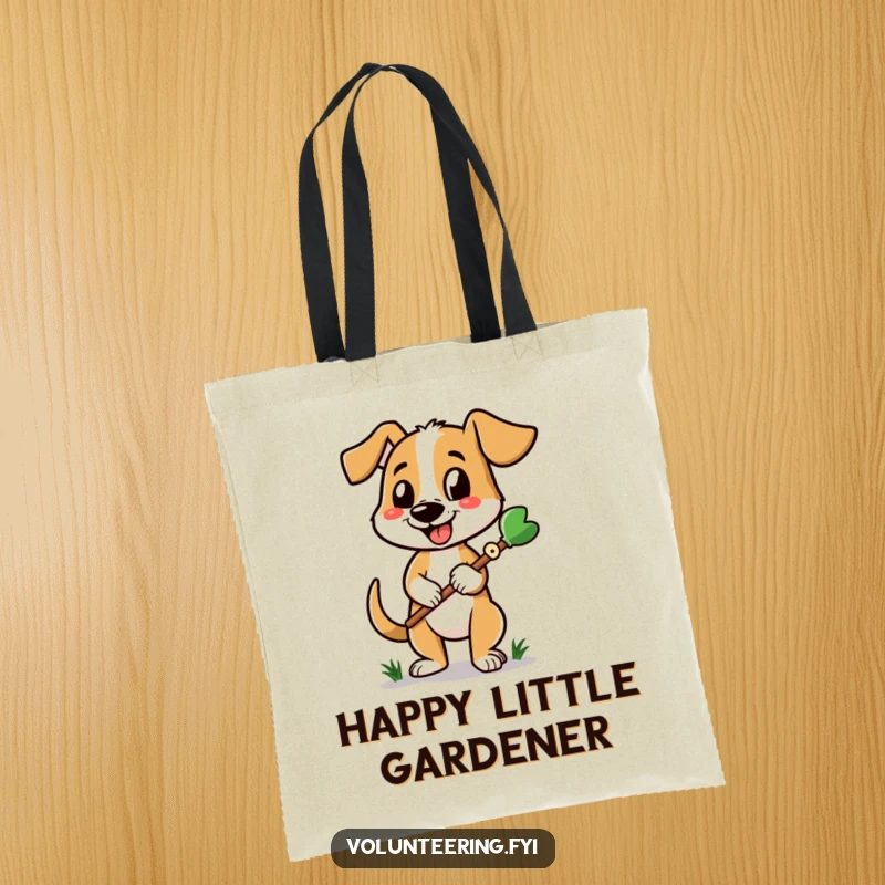 Funny dog tote bag with a cheerful, tail-wagging dog holding a gardening tool, excellent for garden supplies.