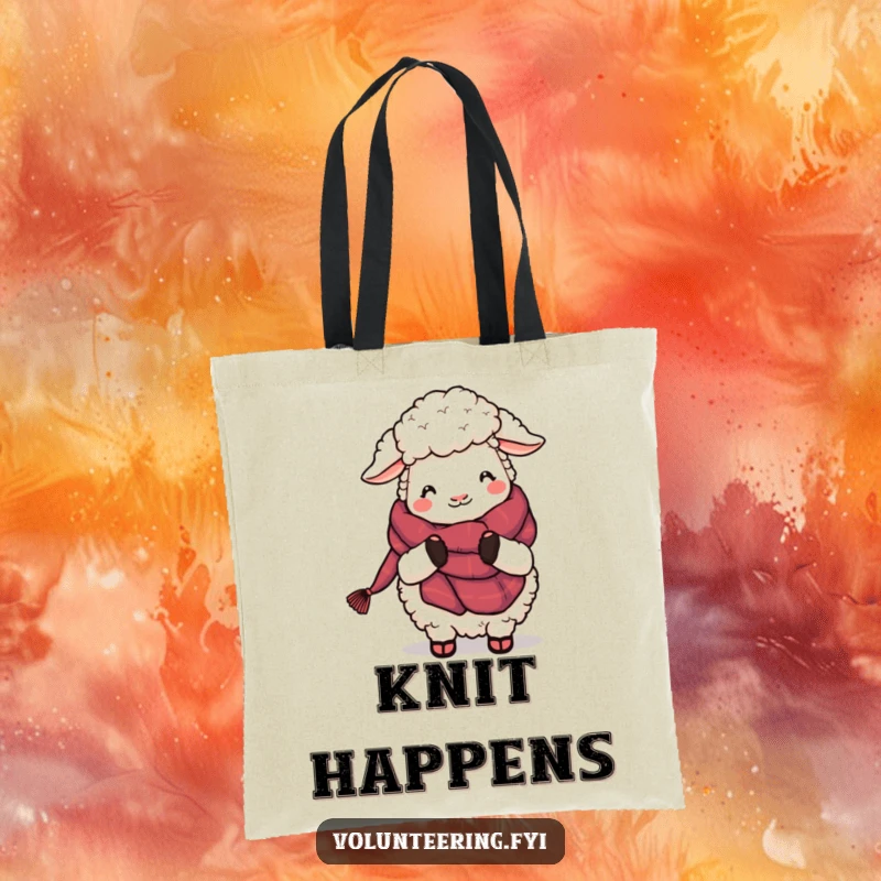 Funny Sheep Knitting Tote Bag: A delightful cartoon sheep knitting a woolen scarf, showcasing its intricate work with a happy expression.