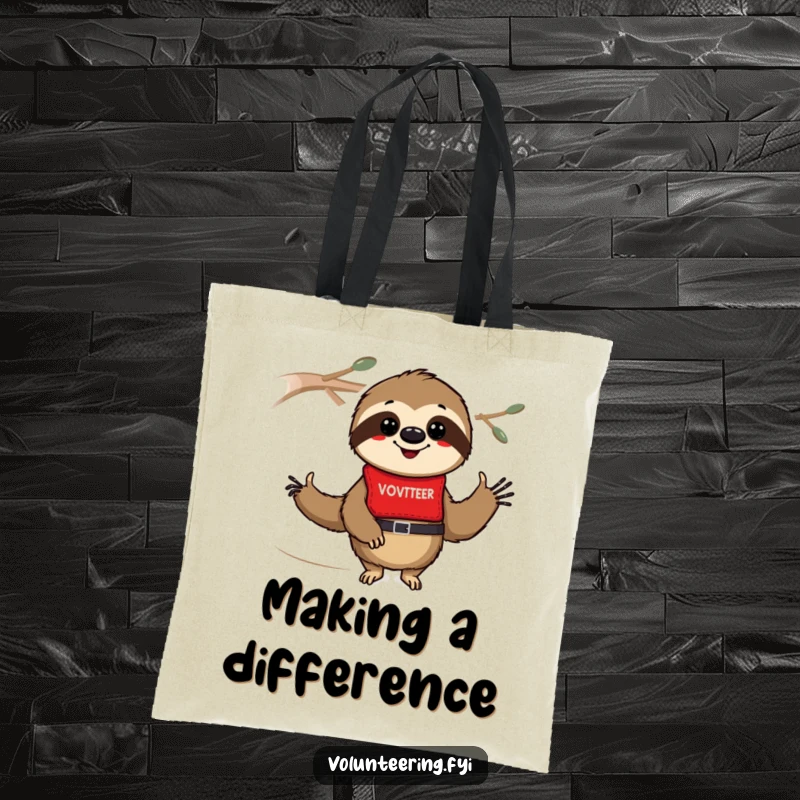 Funny sloth tote bag featuring a smiling sloth in a volunteer vest, ideal for carrying essentials with a touch of humor.