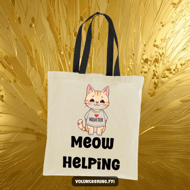 Funny tote bag featuring an adorable illustrated cat wearing a volunteer t-shirt, perfect for carrying daily items with a helpful spirit.