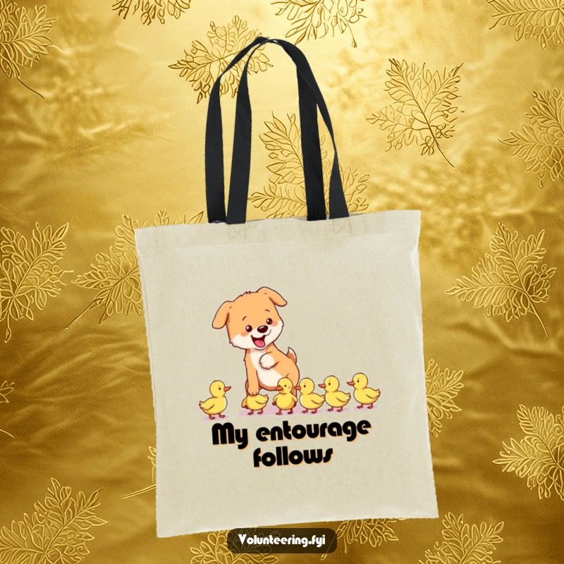Funny dog tote bag showing a playful dog gently guiding a group of lost ducklings, a cute accessory for dog lovers.
