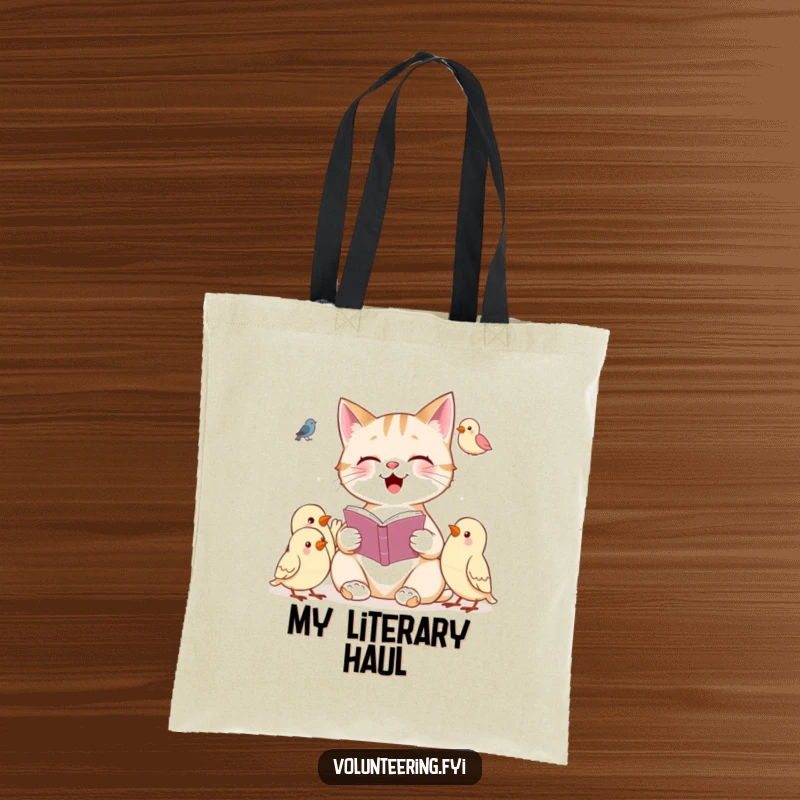 Funny tote bag with a cheerful cat reading a book to attentive birds, perfect for carrying books or daily essentials.