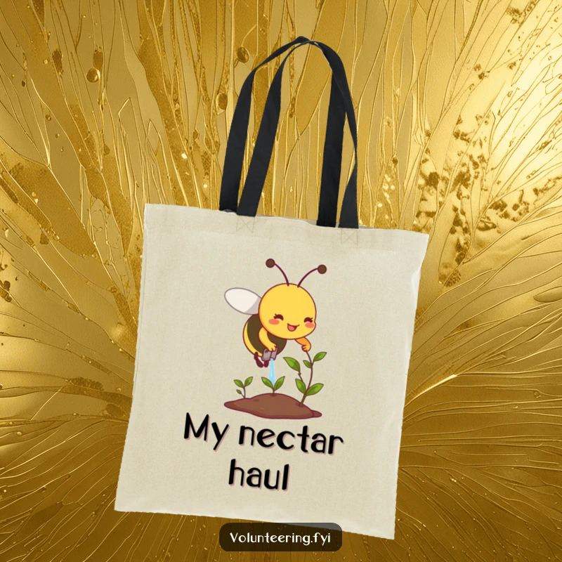Funny tote bag featuring a smiling bee carefully watering a small, wilting plant, ideal for garden supplies.