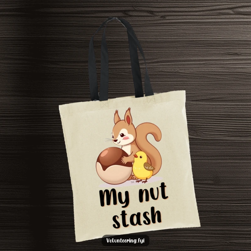 Funny tote bag showing a squirrel sharing a nut with a happy bird, ideal for everyday use.