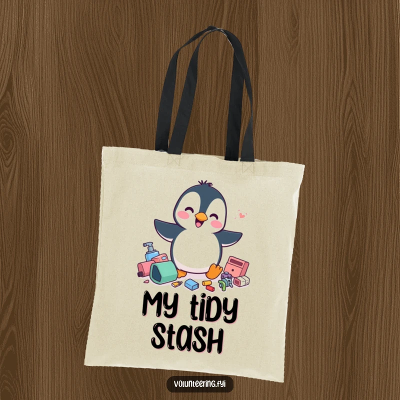 Funny penguin tote bag, a cheerful penguin energetically tidying scattered items, a humorous and functional accessory gift.