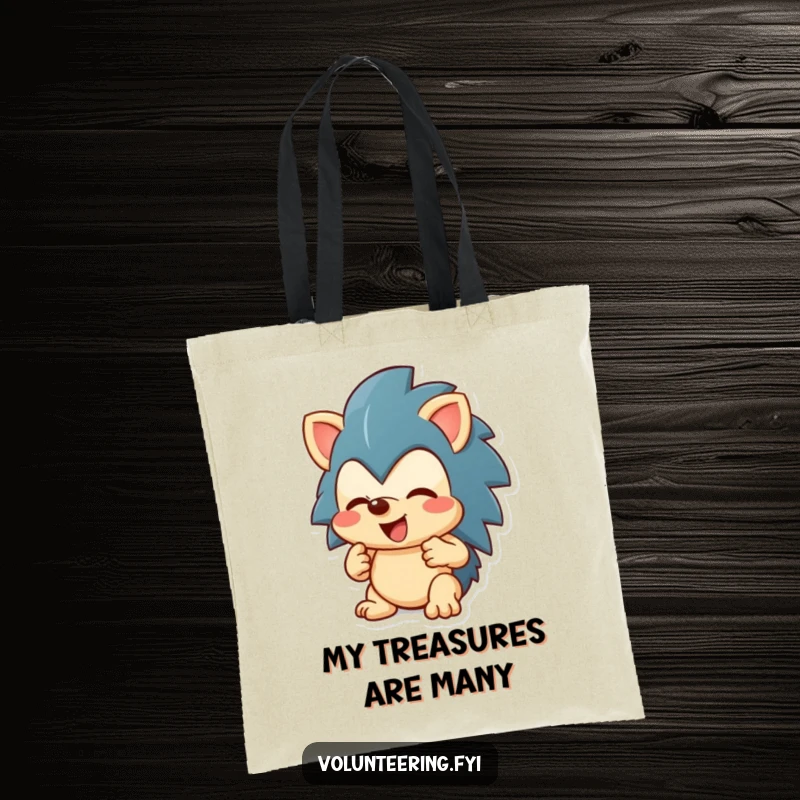 Funny enthusiastic hedgehog character sharing a toy on a durable tote bag, excellent funny gift.
