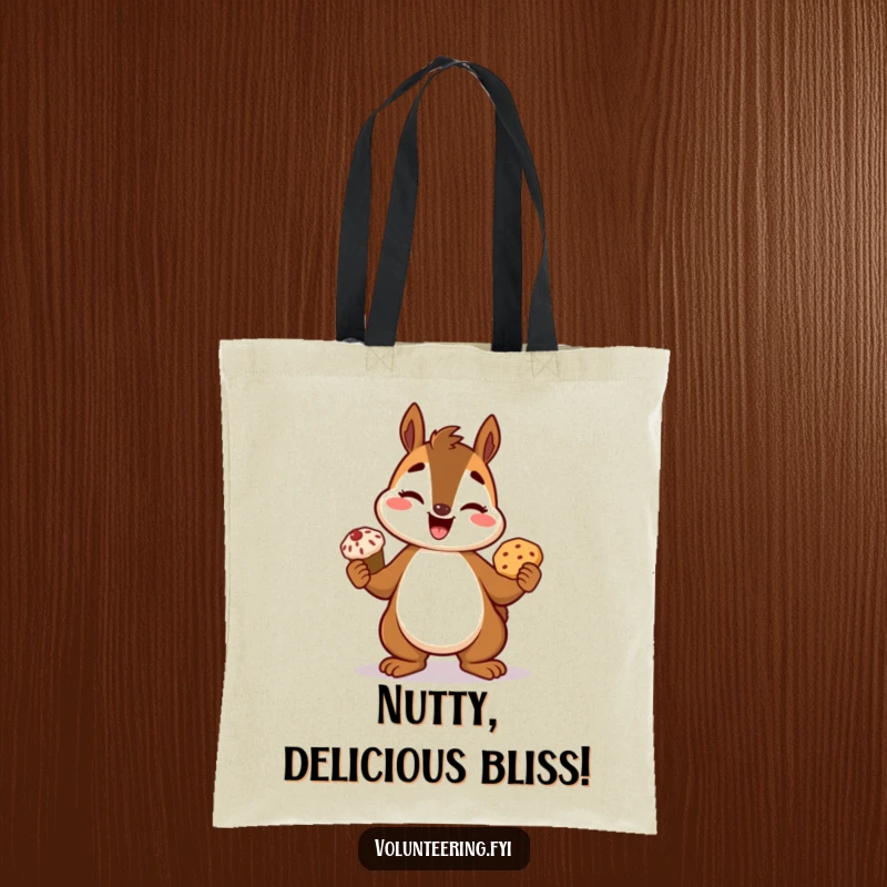 Funny squirrel tote bag, a cute cartoon squirrel proudly displaying a freshly baked treat, perfect for carrying groceries.