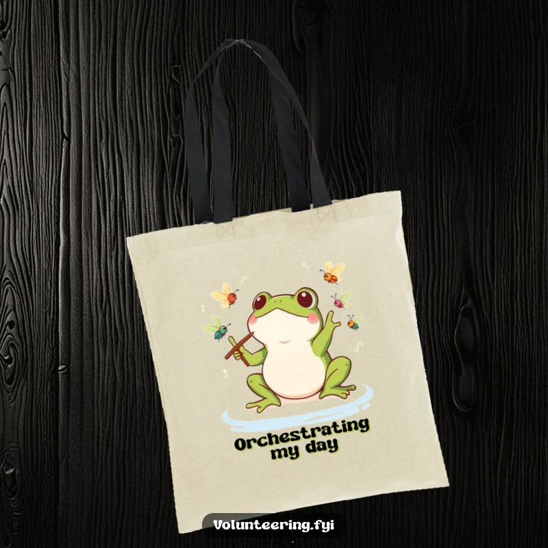 Funny Kawaii Frog Orchestra Tote Bag: A cute and durable bag with a frog maestro conducting insects, perfect for music lovers.