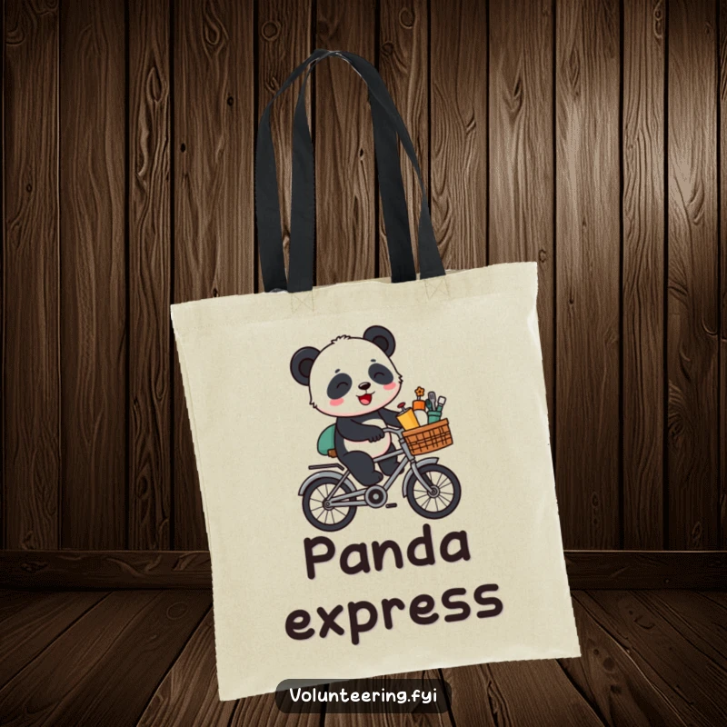 Funny Panda Bike Tote Bag: A giggling cartoon panda riding a bicycle with various supplies, perfect for carrying your items with a smile.