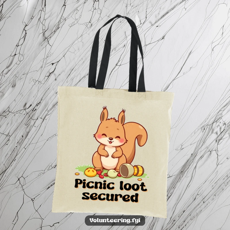 Funny Squirrel Picnic Tote Bag showing a playful squirrel tidying picnic items with a smile, perfect for groceries and day trips.