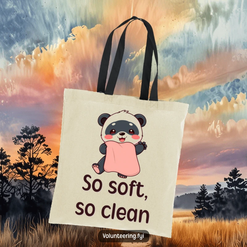 Funny panda tote bag, featuring a sweet cartoon panda holding a fluffy, clean towel, ready to assist.