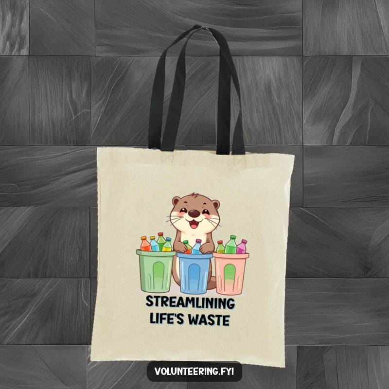 Funny otter tote bag, an enthusiastic otter sorting plastic bottles into recycling bins, perfect for errands and promoting sustainability.