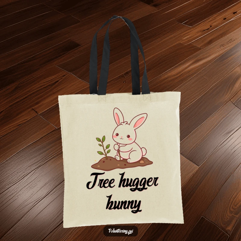 Funny tote bag with a kawaii bunny planting a small tree, a cute and eco-friendly accessory for carrying everyday items.