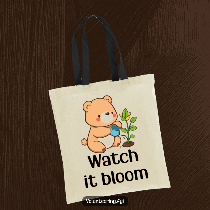 Funny bear tote bag, a contented cartoon bear carefully watering a sprouting plant, perfect for carrying gardening tools.